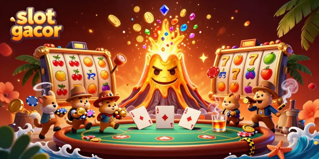 Experience excitement with slot gacor featuring a golden volcano erupting coins and treasures in a vibrant casino scene.