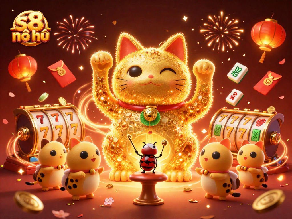 Engage with s8 nổ hũ through dynamic slot gameplay featuring a giant lucky cat and festive casino elements.