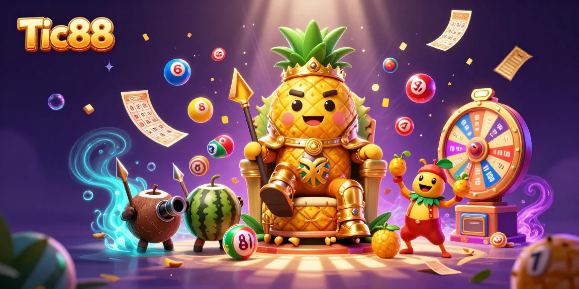 Tic88 engages players with a vibrant casino scene featuring a golden pineapple king and dynamic lottery elements.