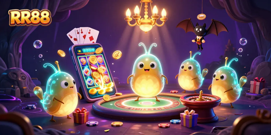 Experience the thrill of RR88 with glowing glowworms lighting up an exciting casino scene.