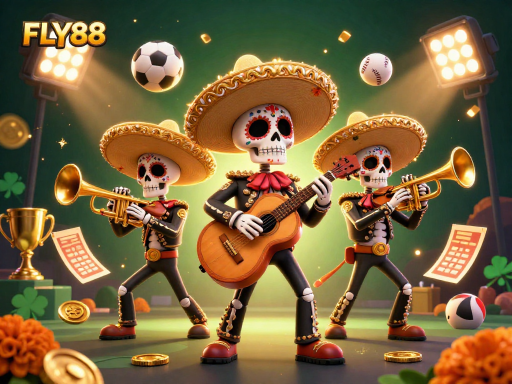Engage with FLY88's vibrant 3D mariachi-themed image showcasing excitement in sports betting.