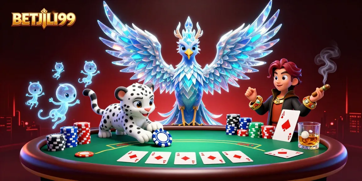 BETJILI99 showcases an ice phoenix and snow leopard in a vibrant casino scene filled with poker elements.
