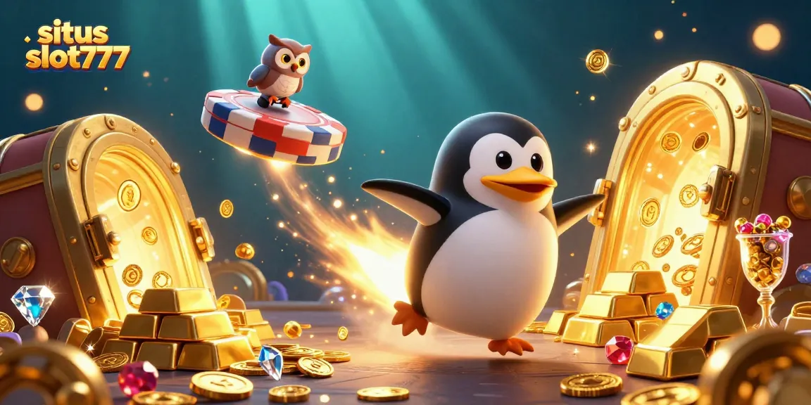 Situs slot777 showcases a golden penguin in a dynamic casino space scene filled with treasures and jackpots.
