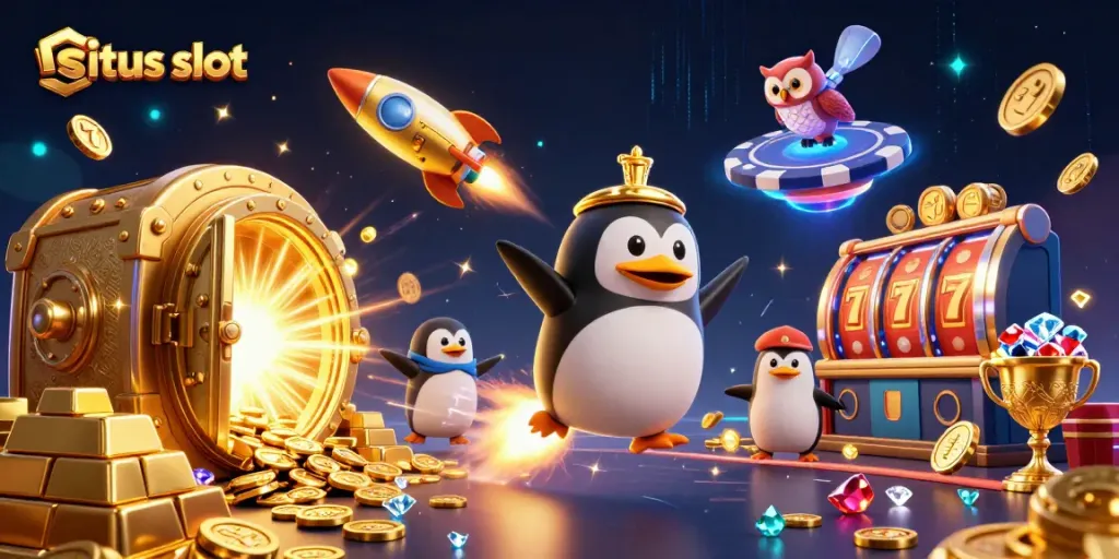 Situs slot illustration showing a rocket-powered penguin reaching a giant poker chip casino