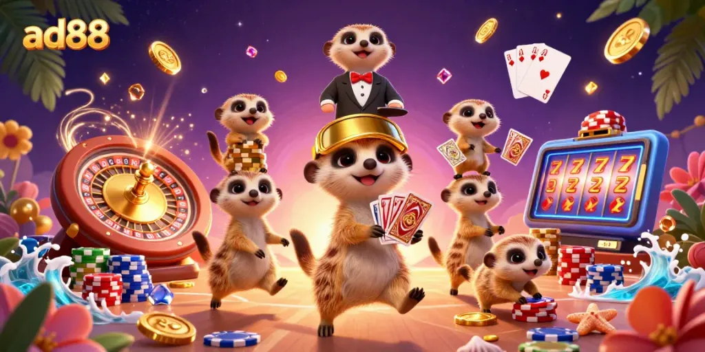 Win big with ad88 at this lively casino run by meerkats in a vibrant 3D illustration.