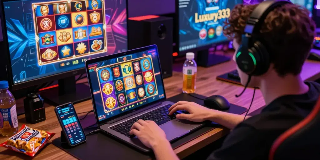 Exciting Luxury333 online gaming scene with vibrant slot games and immersive setup