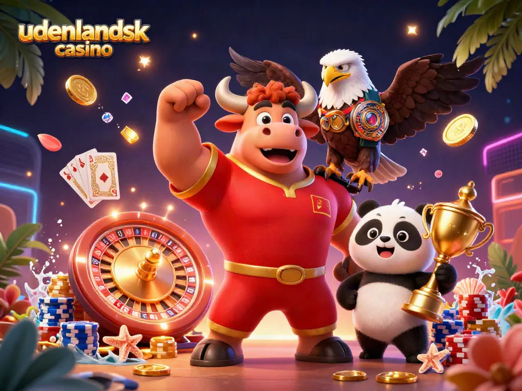 Experience the excitement of udenlandsk casino in a vibrant 3D scene filled with symbols of luck and fun.