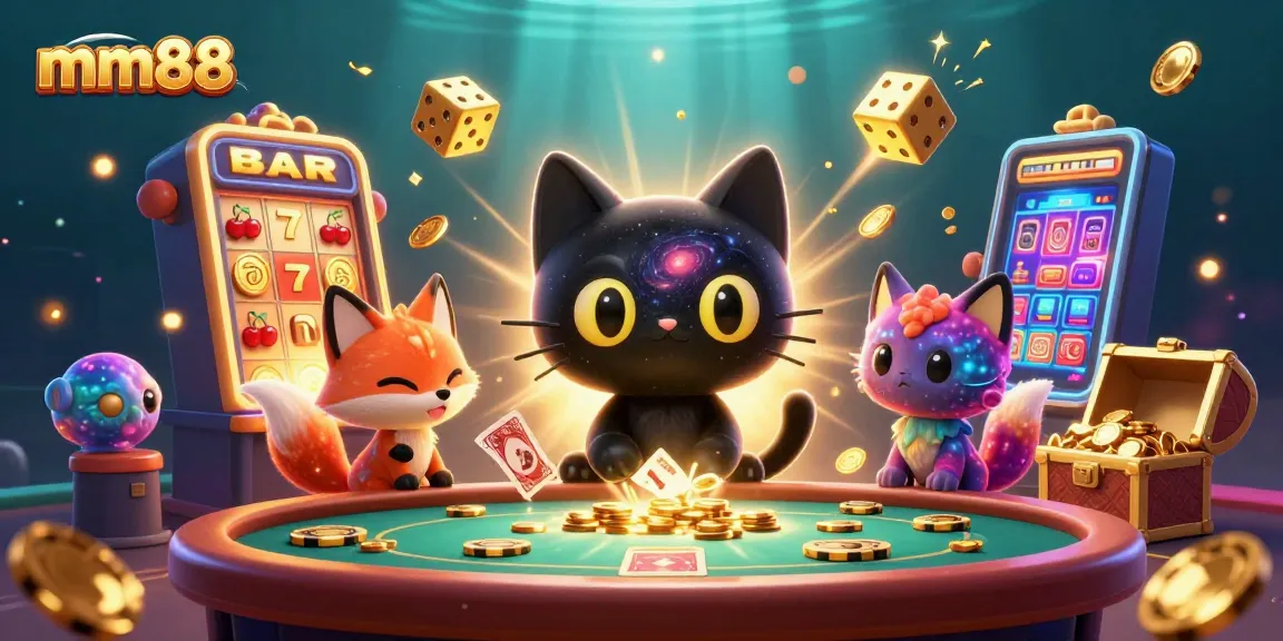 Engage in thrilling games at MM88 casino featuring a cosmic black hole cat and colorful elements.