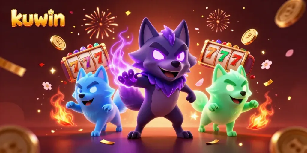 Kuwin animates casino excitement with a dynamic scene of joyful slot reels and animated wolves.
