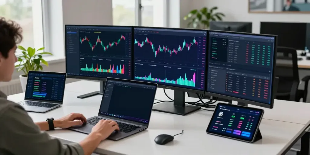 AI Trading Software: Professional cryptocurrency trading setup with advanced trading screens, digital wallet, and collaborative office atmosphere.