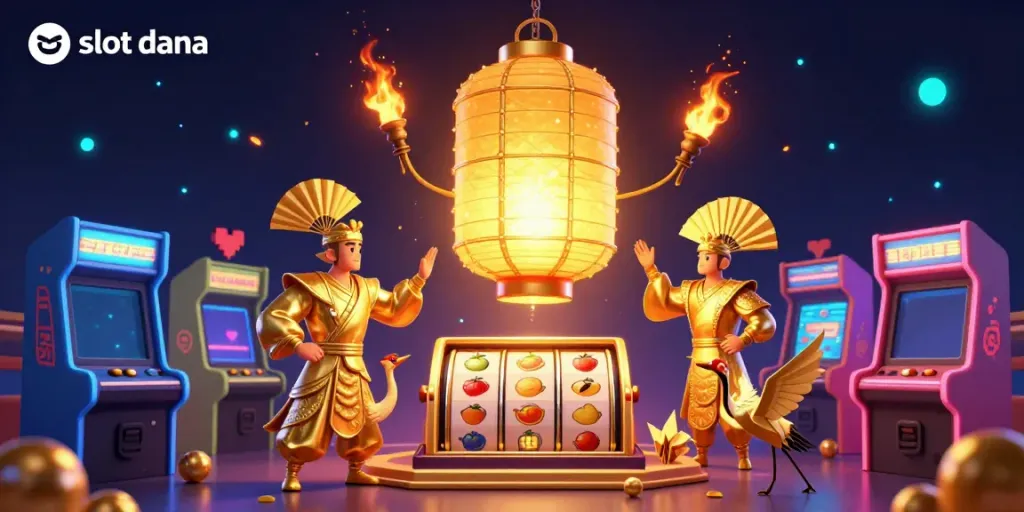Ilustrasi 3D "slot dana" yang menampilkan kekayaan permainan slot dengan elemen kasino dan karakter unik.