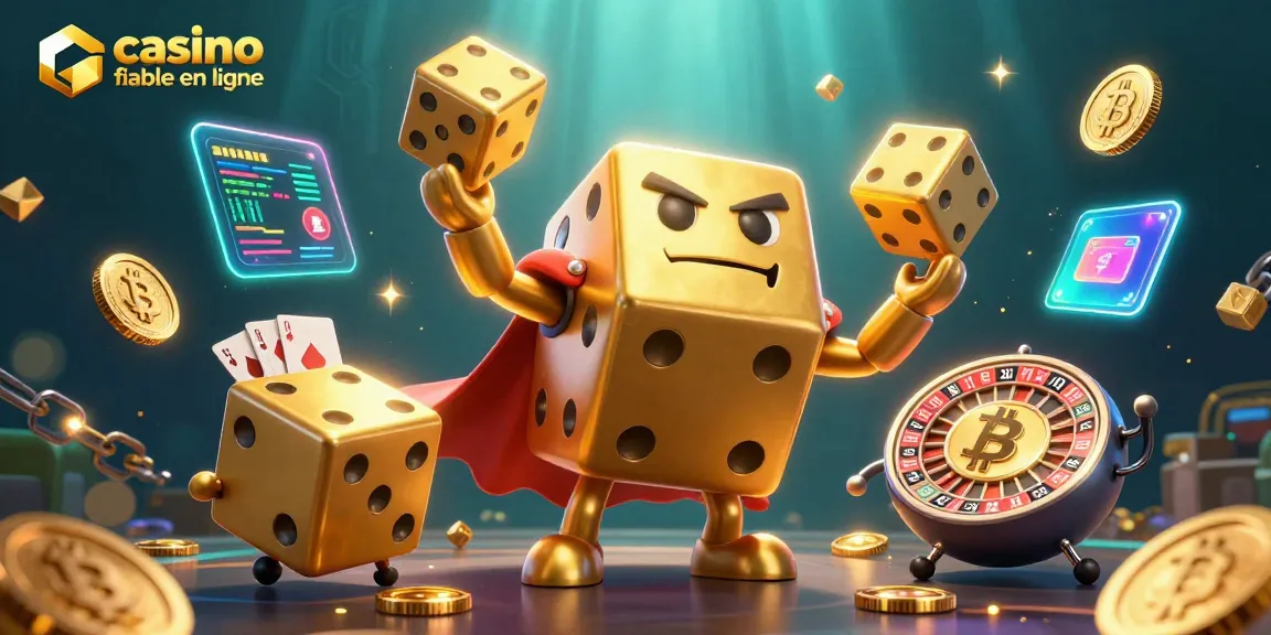 Admirez une scène énergique de casino fiable en ligne avec un golem de dés dorés et des éléments de crypto-monnaie.