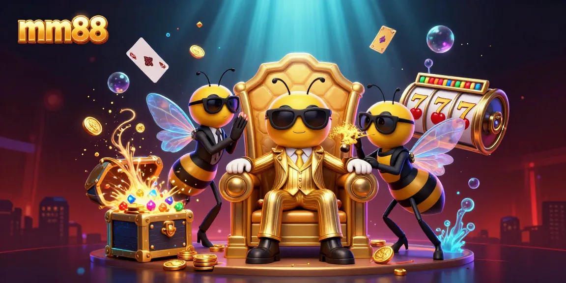 Experience thrilling casino magic with mm88's dynamic illustration featuring a bumblebee mob boss amidst playing cards and slot reels.