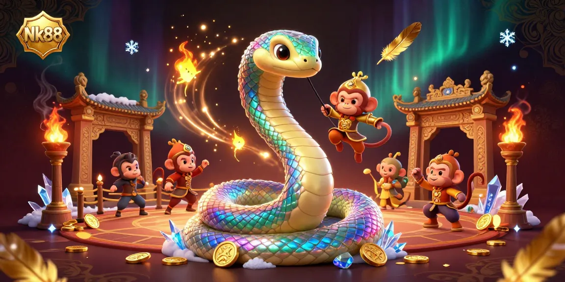 Nk88 entices players with a dazzling 3D illustration of a rainbow serpent and monkey king among casino elements.