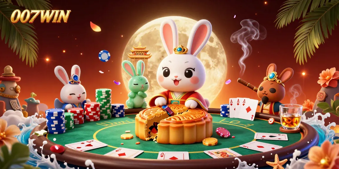 Engage with 007WIN in this vibrant 3D gambling scene filled with poker chips and moon rabbits.