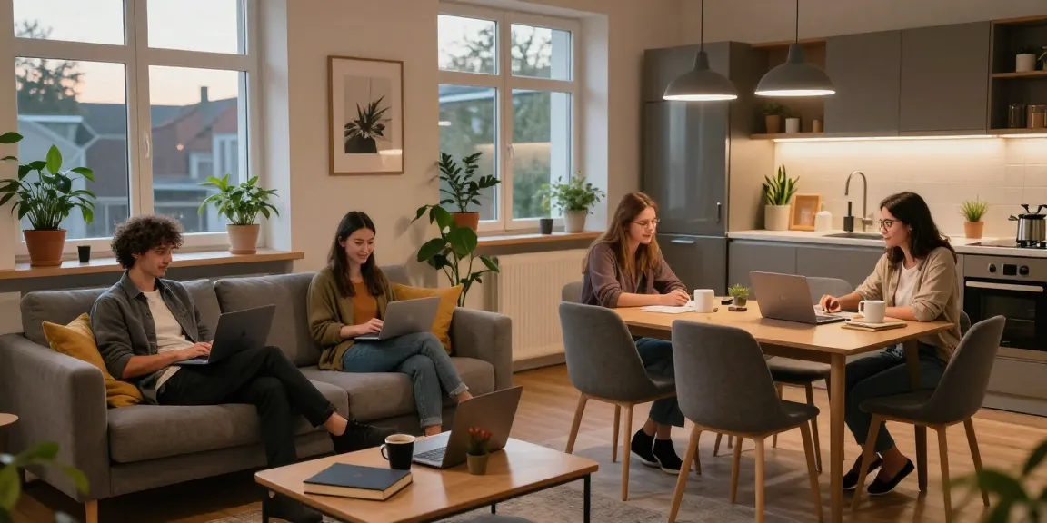 Gemütliches Wohnzimmer einer Monteurwohnung Hannover mit modernen Möbeln, Pflanzen und warmem Licht.