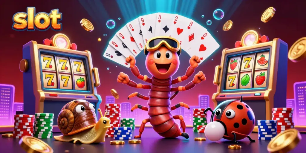 Spin the slot reels with excitement alongside cartoon characters in a vibrant casino scene.