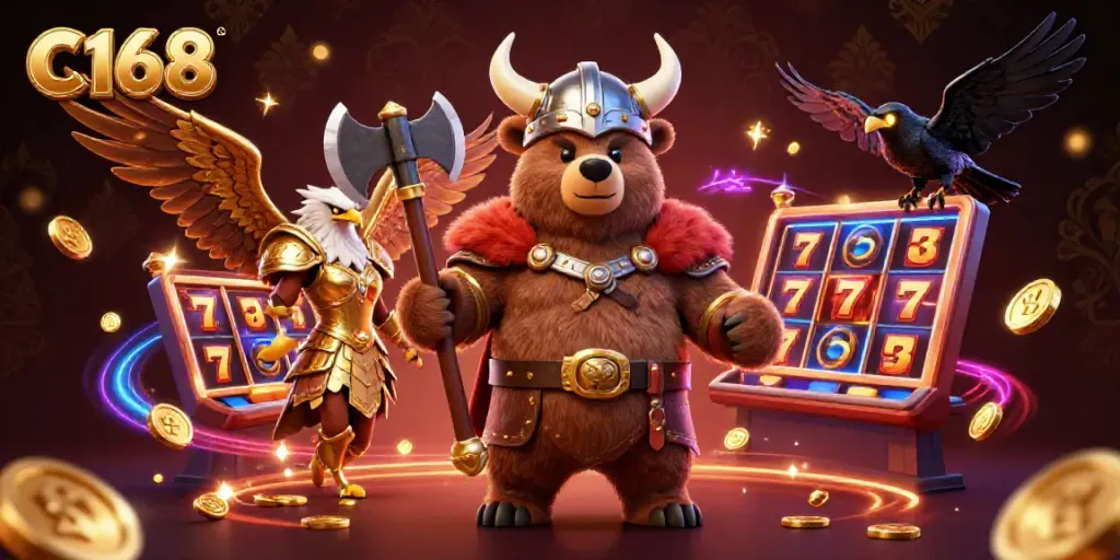Experience the excitement at C168 casino with a vibrant 3D illustration showcasing a Viking bear and Valkyrie eagle amidst dynamic game elements.