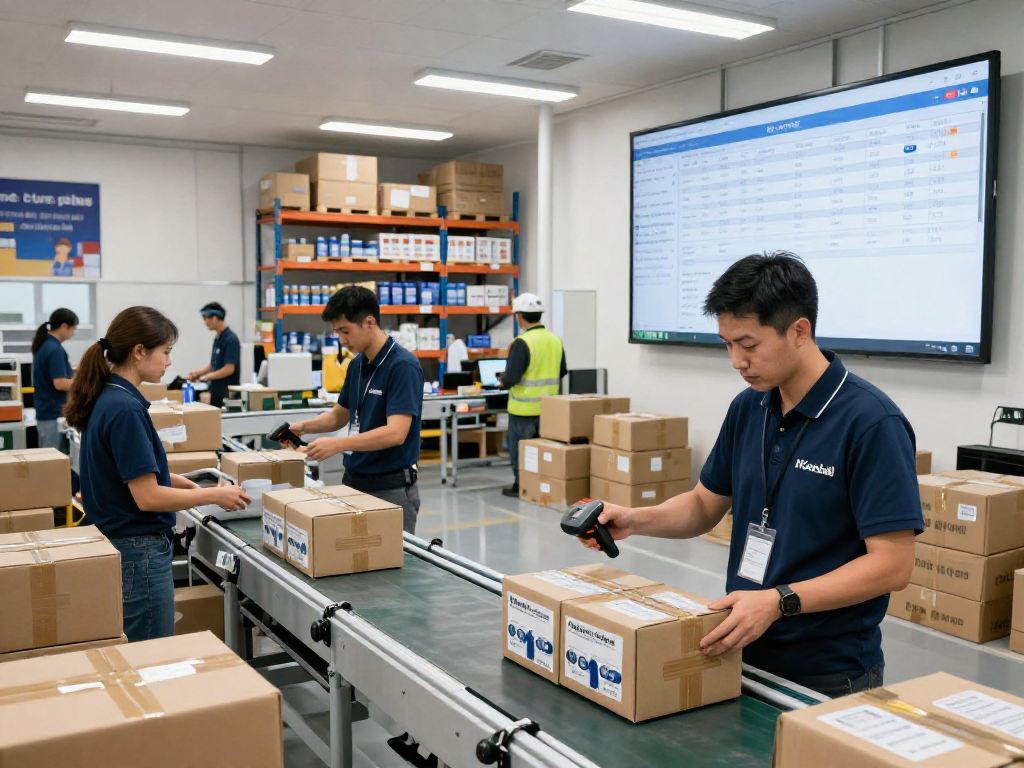 Motchill e-commerce fulfillment scene with logistics manager overseeing product packing and shipping activities.