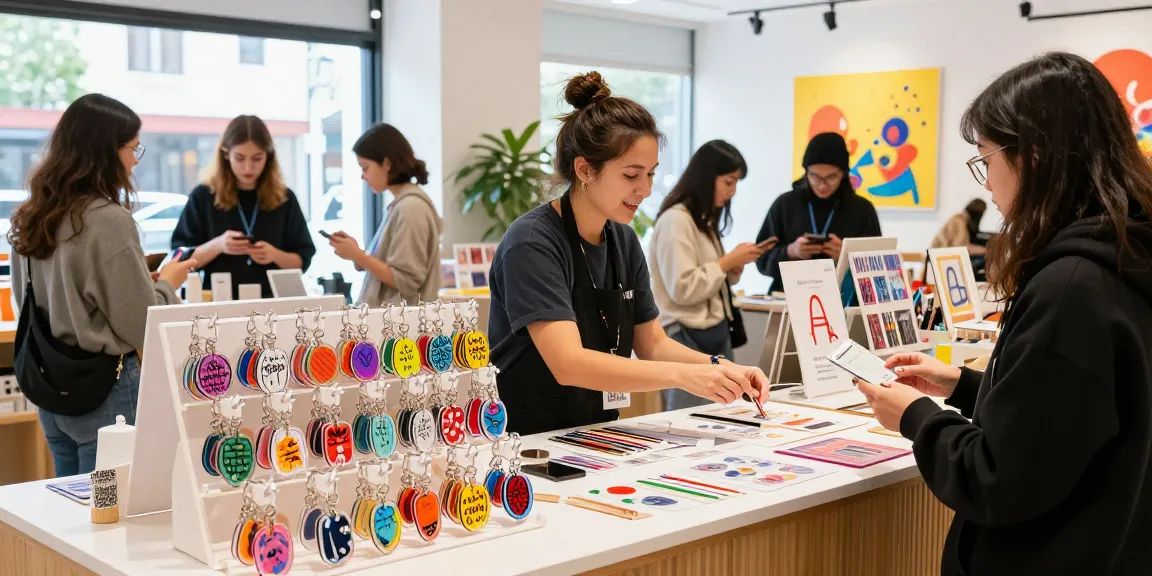 Custom acrylic keychains prominently displayed in a vibrant shop, showcasing unique designs and colours.