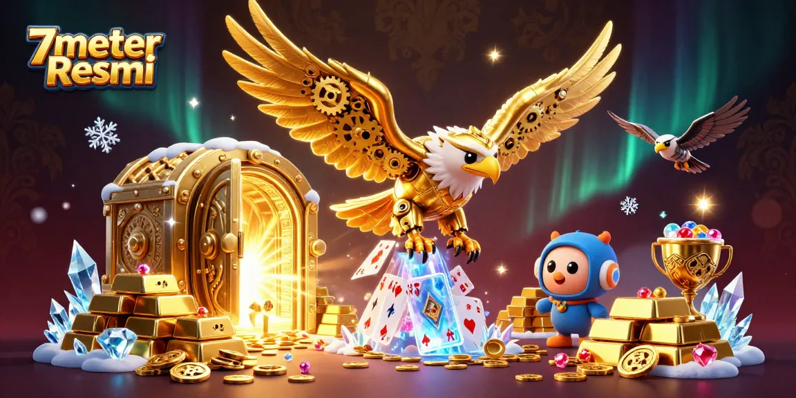 Spin the reels with 7meter Resmi, featuring a golden eagle soaring through a treasure-filled casino.