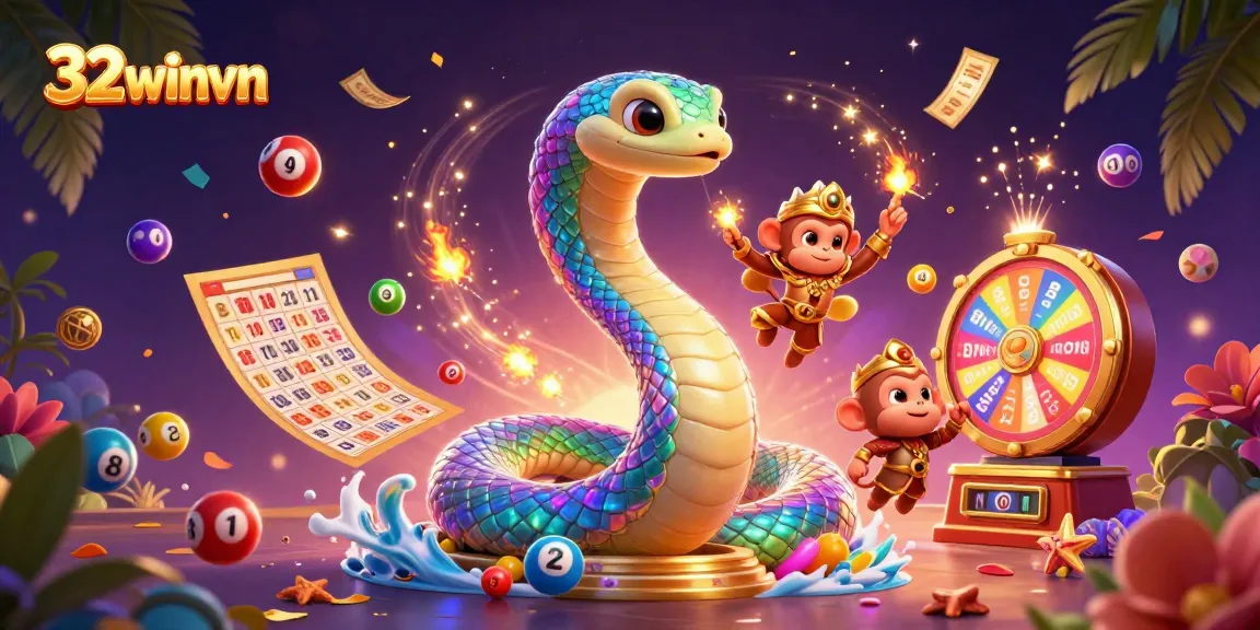Engage with 32winvn's vibrant gaming world featuring a rainbow serpent, monkey king, and exciting lottery elements.
