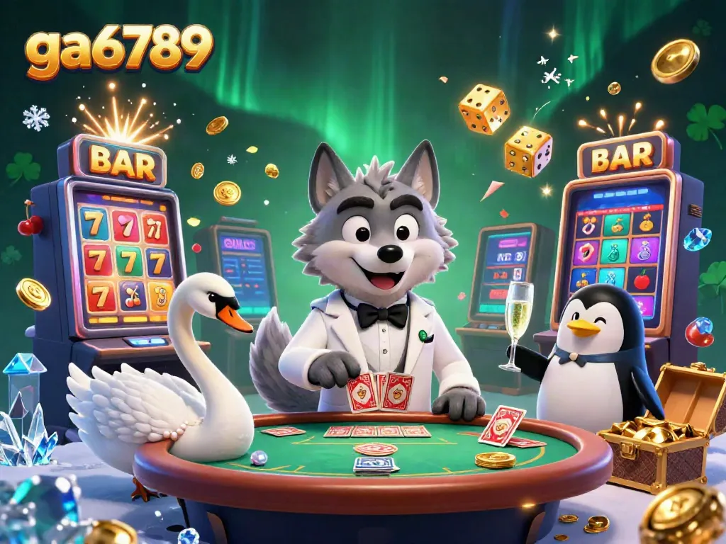 Experience the thrill of ga6789 with a vibrant casino scene featuring a wolf at baccarat, an elegant swan, and a penguin sommelier.