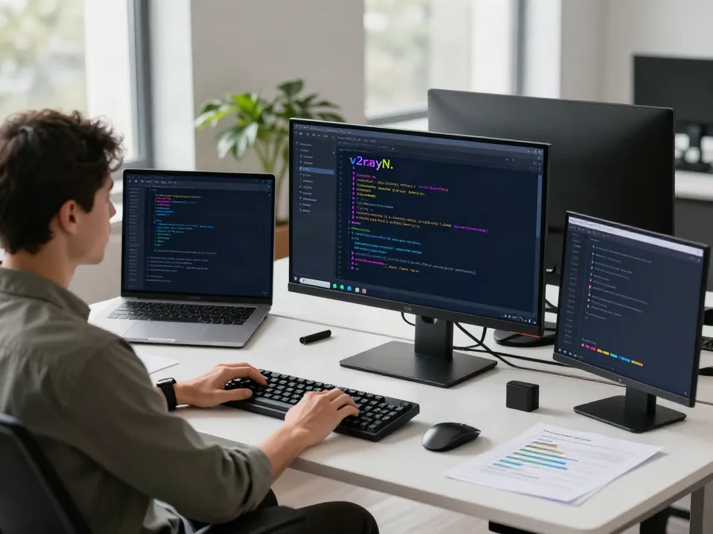 v2rayN coding workspace with developer at modern desk surrounded by tech gadgets