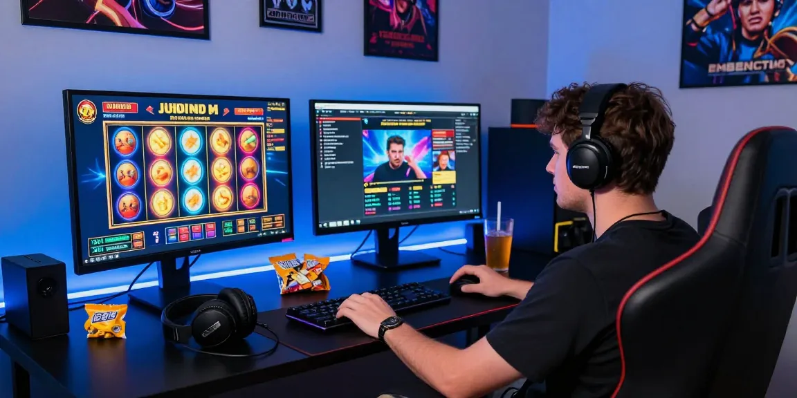 Engaged player enjoying judi slot games on multiple screens, showcasing an immersive gaming environment with colorful visuals and interactive elements.