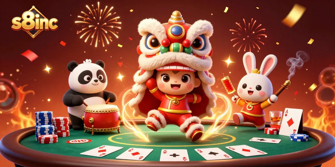 Experience the excitement of s8inc with a vibrant casino scene featuring a festive lion dance and poker!