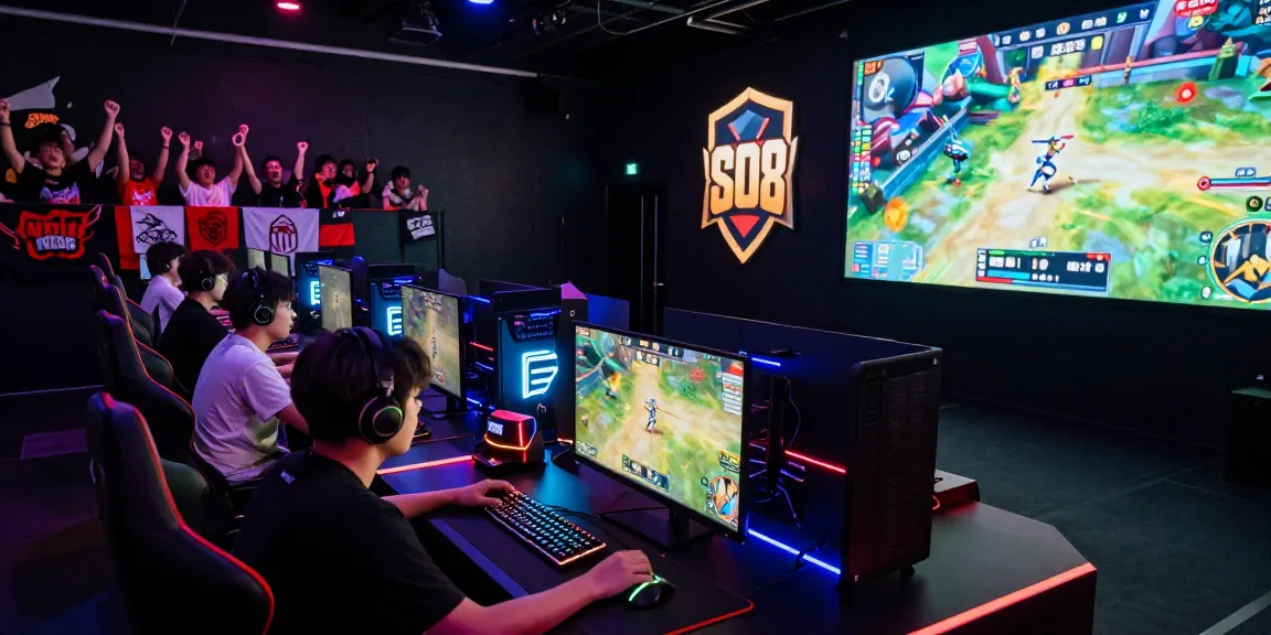 Players compete in an exciting slot88 tournament in a vibrant esports arena, showcasing intense focus and gaming setups.