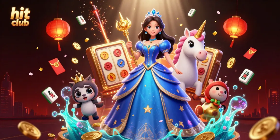 Experience the thrill of hit club gaming with vibrant 3D illustrations featuring luxury elements and slot reels.