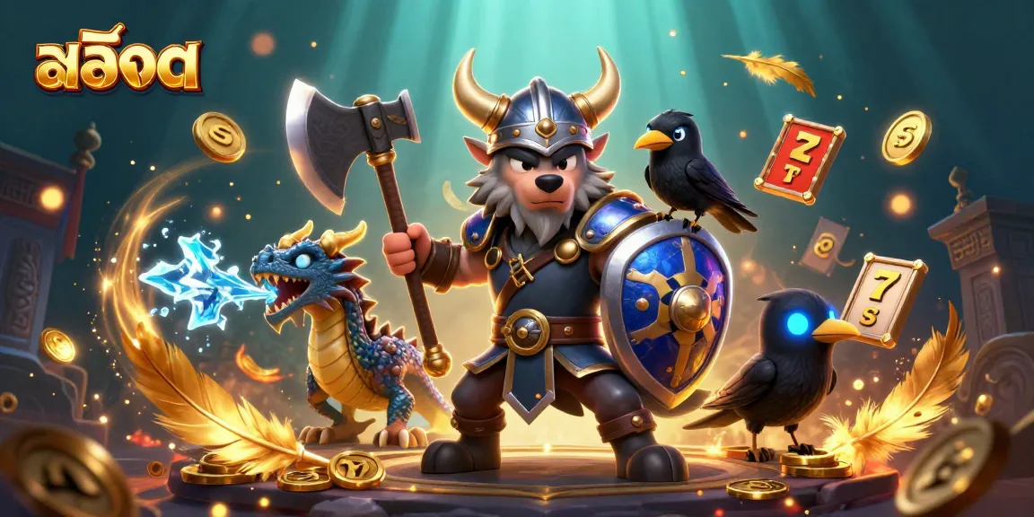 Engaging สล็อต game scene featuring a Viking wolf warrior, dragon, and raven amidst slot elements.