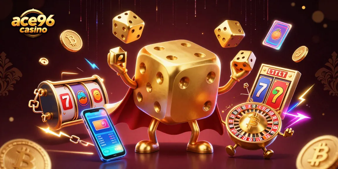 Witness the thrilling action of ace96 casino with golden dice juggling amidst vibrant 3D gaming elements.