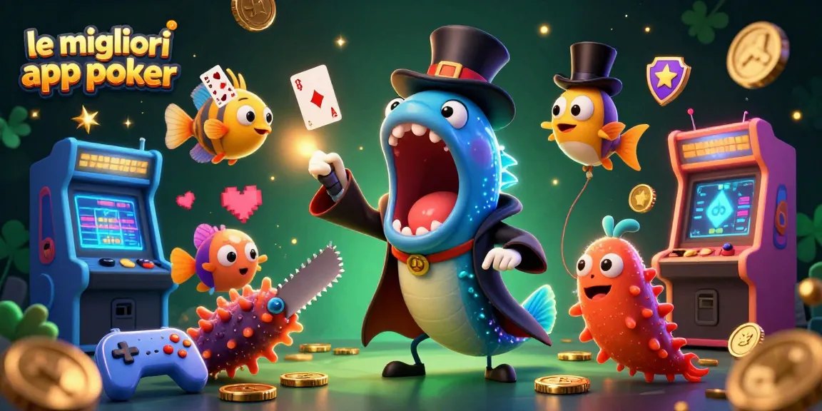 Gioca con le migliori app poker in un'illustrazione 3D animata di un pesce angler, una lucertola e un'anguilla che eseguono trucchi di magia.