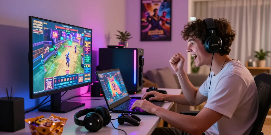 Excited gamer playing slot games in a vibrant living room.
