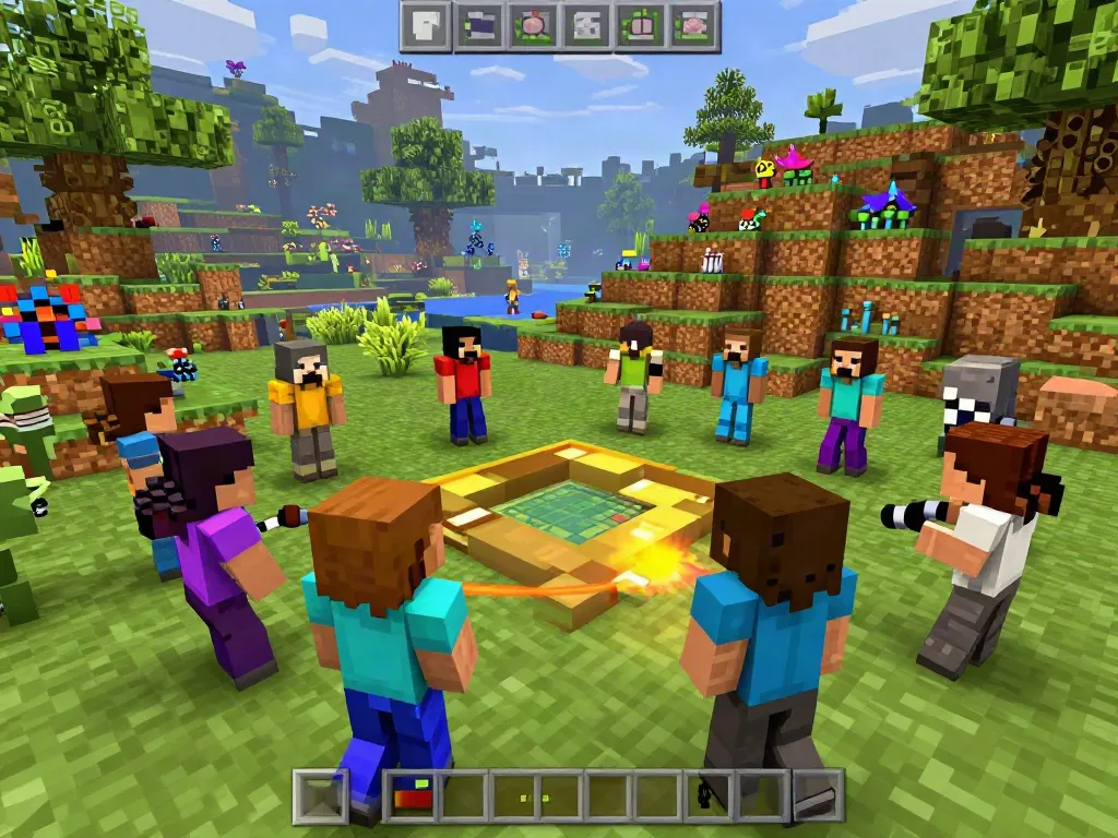 Exciting scene of players exploring a Minecraft server list while collaborating on building epic structures.