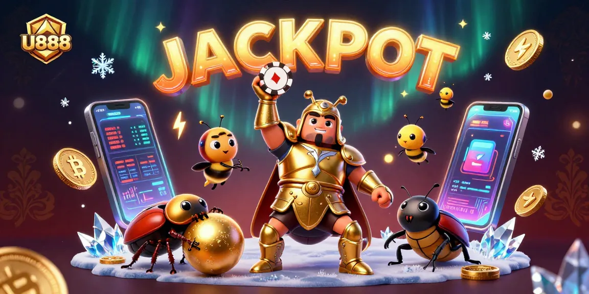 Celebrating U888's jackpot triumph with characters showcasing victory in a vibrant casino scene.