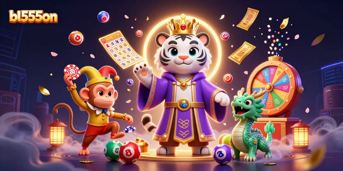 Join the exciting games at bl555on with a dynamic scene of casino elements and characters.