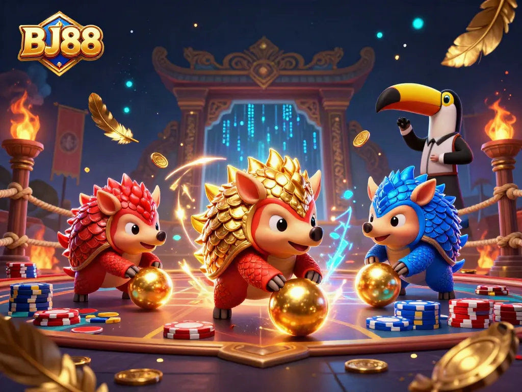 Engage with BJ88's vibrant casino scene featuring competitive pangolins and dynamic betting elements.