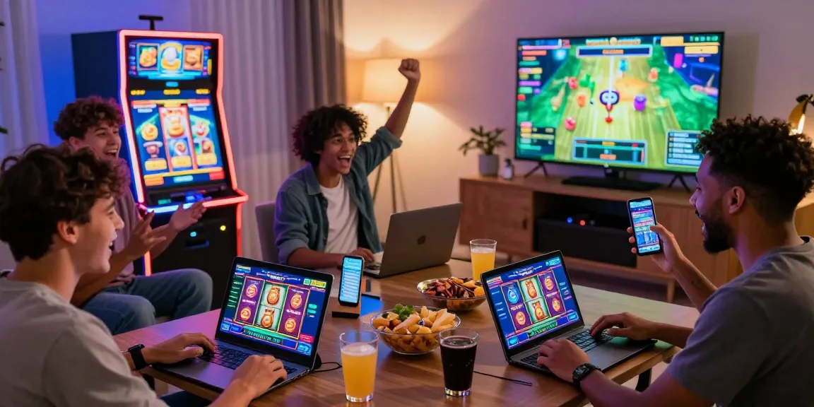 Excited players enjoying HWGSLOT on various devices in a cozy gaming environment.