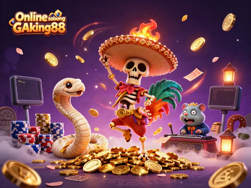 Experience the excitement of Online sabong GAking88 with a vibrant 3D illustration of animated characters celebrating in a colorful gambling scene.