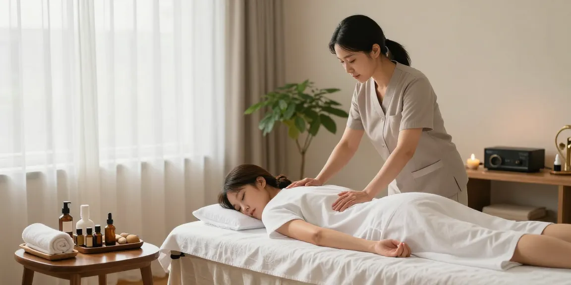 Relaxing 노원출장마사지 scene with a therapist and client in a calming home environment.