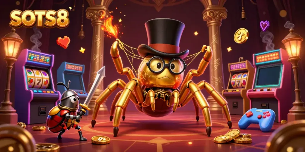SLOTS8 immersive casino-themed 3D illustration featuring a golden tarantula and a beetle knight.