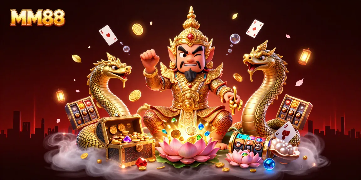 Experience MM88's vibrant online gambling world with a dynamic cartoon illustration of a Thai guardian, casino elements, and treasure.