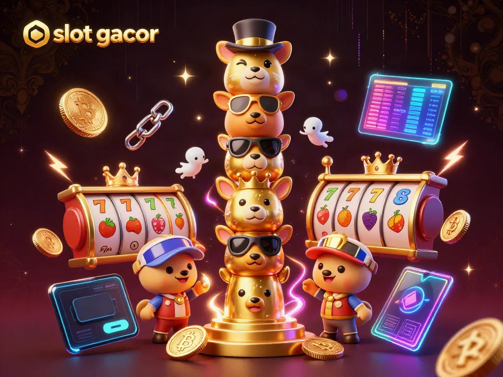 Engage in exciting slot gacor adventures with vibrant casino symbols and cryptocurrency elements.