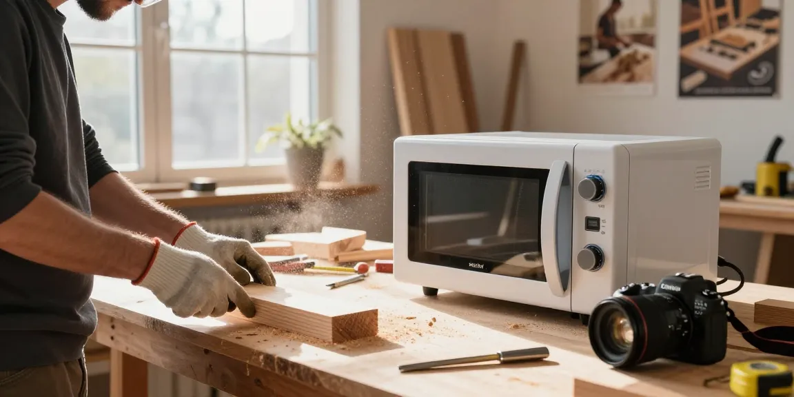 Skilled craftsman using Shashel microwave for wood treatment in bright workshop.