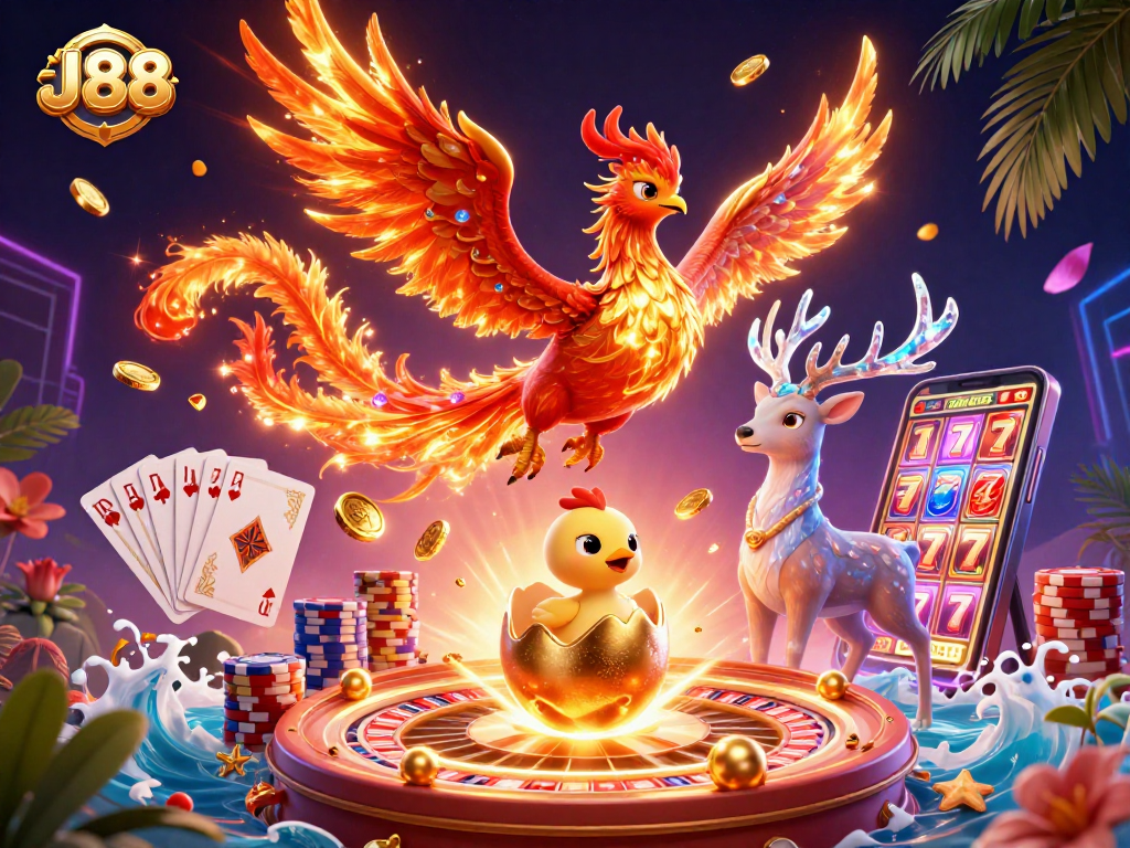 Experience thrilling gaming moments with J88, featuring phoenixes and casino elements.