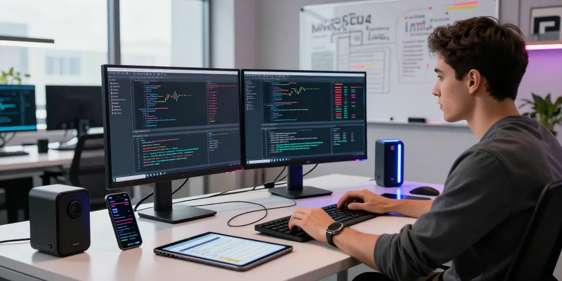 SGX stock WebSocket API integration workspace with developer coding real-time market data, showcasing multiple screens and high-tech gadgets.