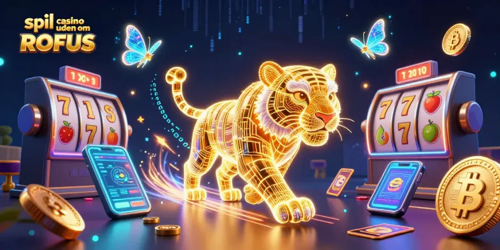 Experience the thrill of spil casino uden om ROFUS with our vibrant neon illustration showcasing a dynamic tiger and holographic elements.